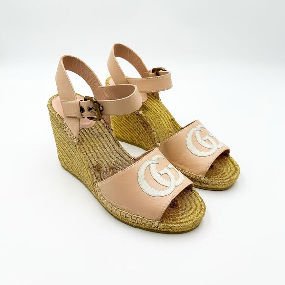 Gucci GG Pink Espadrille Gold Wedge Sandals New Size 38, 8 - Picture 2 of 14